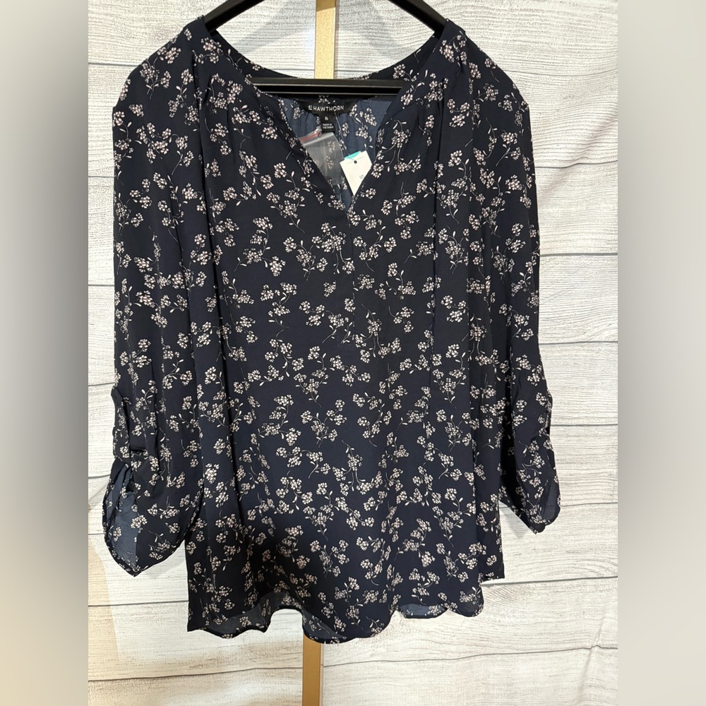 41 hawthorn morey split neck 3/4 sleeve blouse navy xl